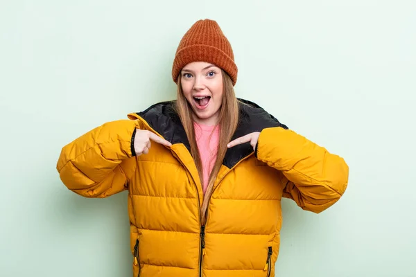 Redhair Woman Feeling Happy Pointing Self Excited Winter Concept — Stock Photo, Image