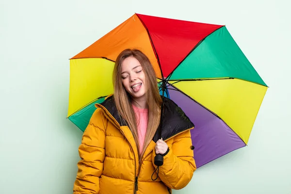 Redhair Woman Cheerful Rebellious Attitude Joking Sticking Tongue Out Umbrella — Stock Photo, Image