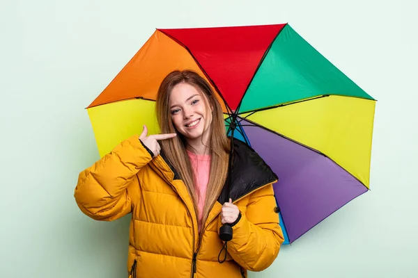 Redhair Woman Smiling Confidently Pointing Own Broad Smile Umbrella Concept — Stock Photo, Image