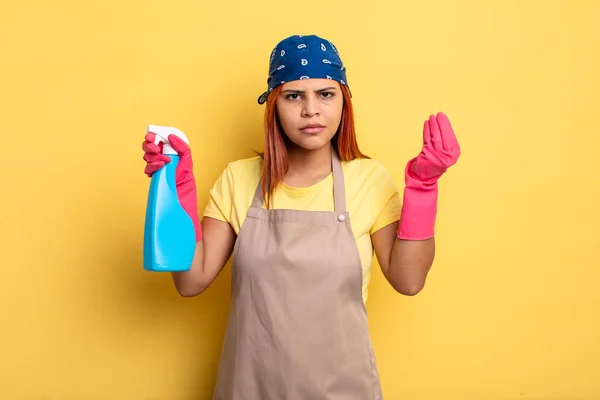 Hispanic Woman Making Capice Money Gesture Telling You Pay Cleaning — Stock Photo, Image