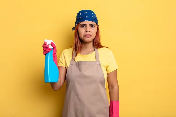 Hispanic Woman Feeling Sad Whiney Unhappy Look Crying Cleaning Housekeeper — Stock Photo, Image