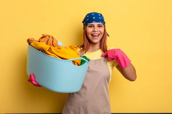 Housekeeper Feeling Happy Pointing Self Excited Washing Clothes Concept — Stock Photo, Image