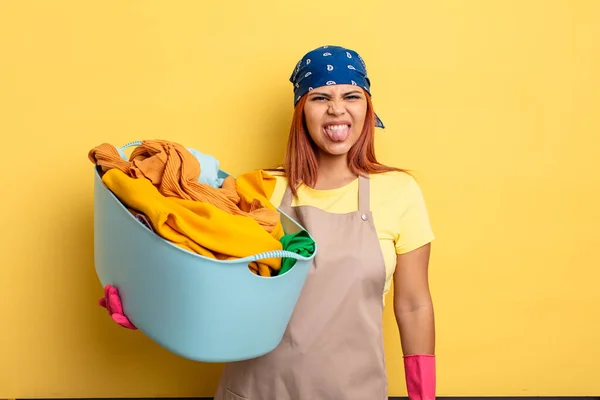Housekeeper Feeling Disgusted Irritated Tongue Out Washing Clothes Concept — Stock Photo, Image