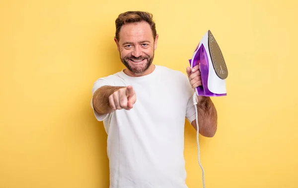 Middle Age Man Pointing Camera Choosing You Clothes Iron Concept — Stock Photo, Image