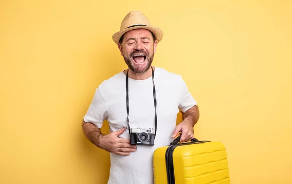 Middle Age Man Tourist Laughing Out Loud Some Hilarious Joke — Zdjęcie stockowe