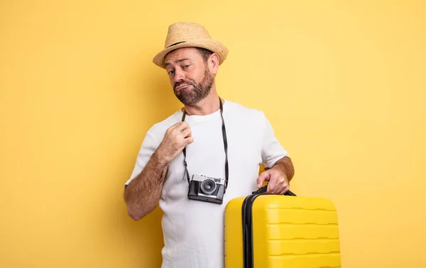 Middle Age Man Tourist Looking Arrogant Successful Positive Proud Travel — Stock Photo, Image