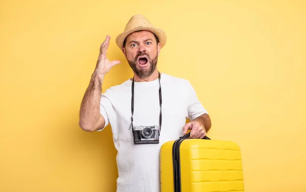 Middle Age Man Tourist Screaming Hands Air Travel Concept — стоковое фото
