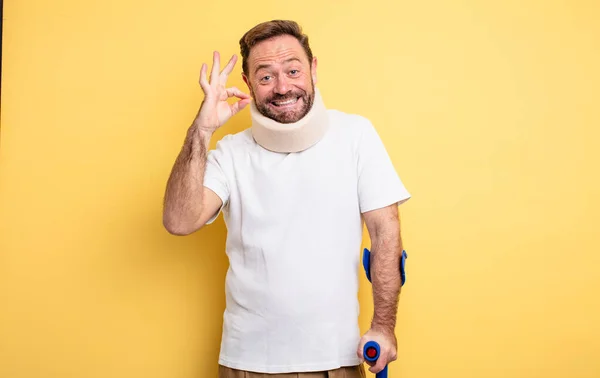 Middle Age Man Feeling Happy Showing Approval Okay Gesture Accident — Stockfoto