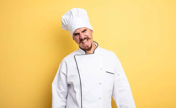 Chef Hombre Sentirse Disgustado Irritado Lengua Fuera —  Fotos de Stock