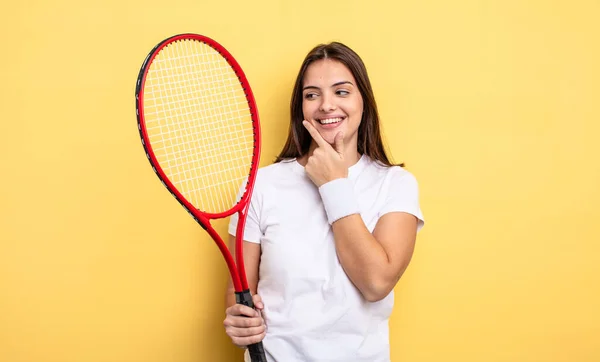 Pretty Woman Smiling Happy Confident Expression Hand Chin Tennis Player — Stock Photo, Image
