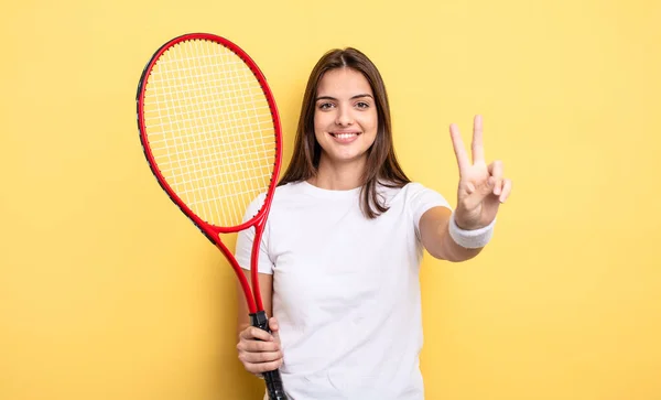 Pretty Woman Smiling Looking Friendly Showing Number Two Tennis Player — Stock Photo, Image
