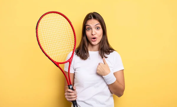 Pretty Woman Looking Shocked Surprised Mouth Wide Open Pointing Self — Foto Stock