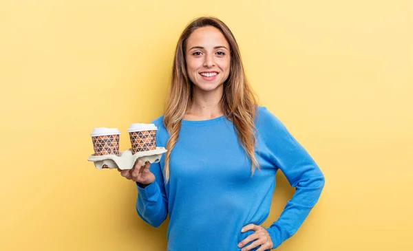 Pretty Woman Smiling Happily Hand Hip Confident Take Away Coffee — Stockfoto