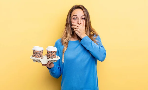 Pretty Woman Covering Mouth Hands Shocked Take Away Coffee Concept — Stockfoto