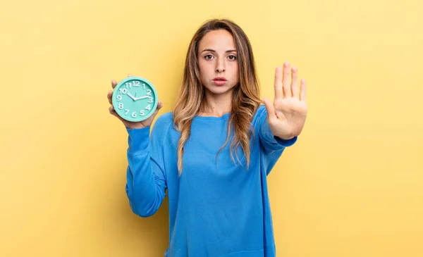 Pretty Woman Looking Serious Showing Open Palm Making Stop Gesture — Stock Fotó