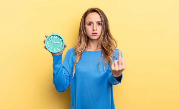 Pretty Woman Feeling Angry Annoyed Rebellious Aggressive Holding Alarm Clock — Fotografia de Stock