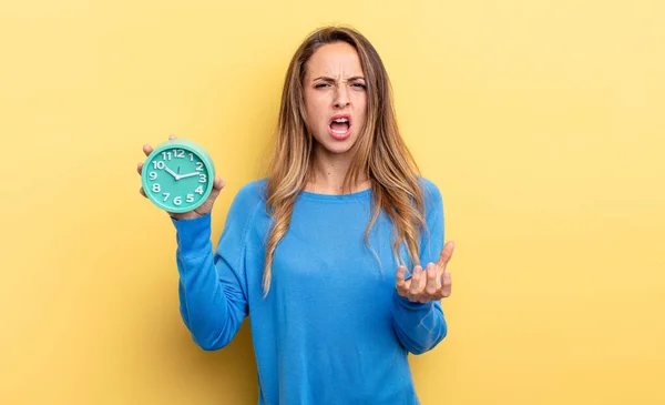 Pretty Woman Looking Angry Annoyed Frustrated Holding Alarm Clock — Foto de Stock