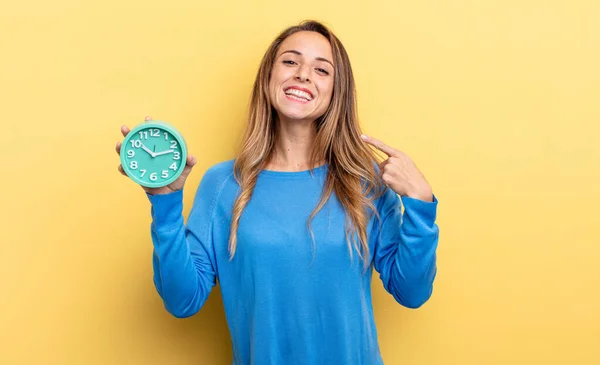 Pretty Woman Smiling Confidently Pointing Own Broad Smile Holding Alarm — Foto Stock