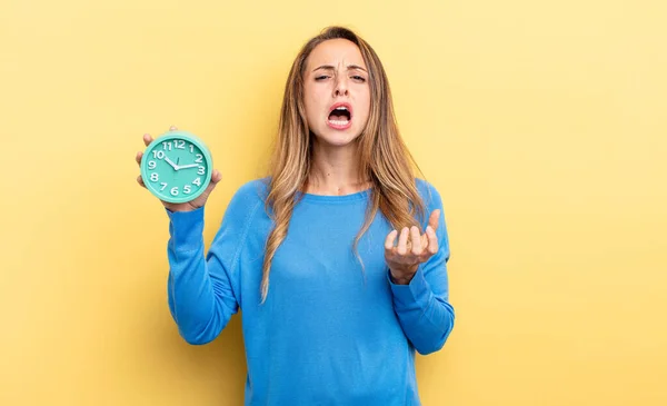 Pretty Woman Looking Desperate Frustrated Stressed Holding Alarm Clock — Foto de Stock