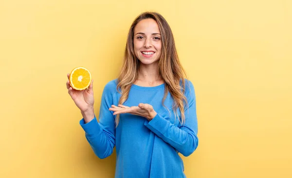 Pretty Woman Smiling Cheerfully Feeling Happy Showing Concept Holding Half —  Fotos de Stock