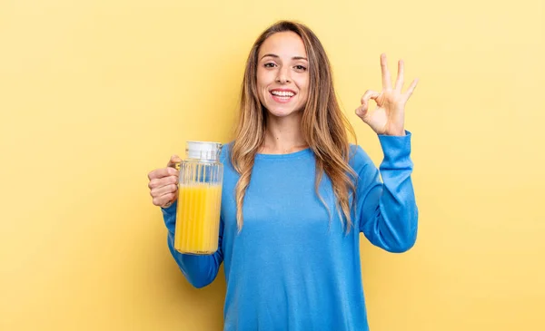 Pretty Woman Feeling Happy Showing Approval Okay Gesture Orange Juice — Stock fotografie