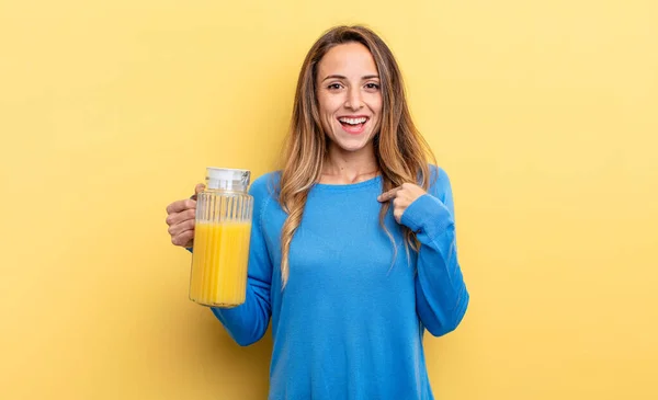 Pretty Woman Feeling Happy Pointing Self Excited Orange Juice Concept — Zdjęcie stockowe