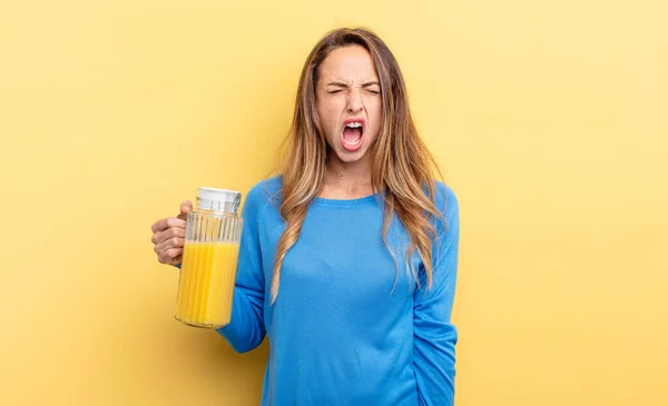Pretty Woman Shouting Aggressively Looking Very Angry Orange Juice Concept — Stockfoto