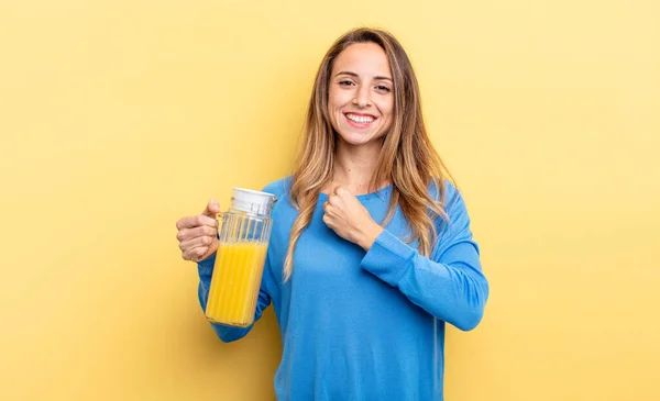 Pretty Woman Feeling Happy Facing Challenge Celebrating Orange Juice Concept — Stock Fotó