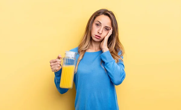 Pretty Woman Feeling Bored Frustrated Sleepy Tiresome Orange Juice Concept — Stock fotografie