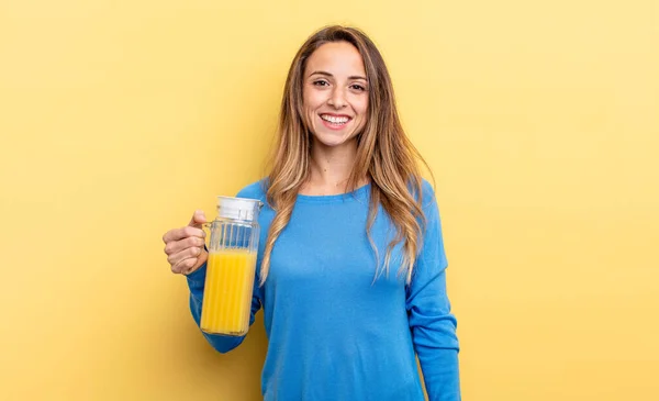 Pretty Woman Looking Happy Pleasantly Surprised Orange Juice Concept — Stock fotografie