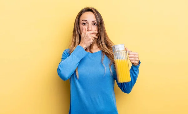 Pretty Woman Covering Mouth Hands Shocked Orange Juice Concept — Stock fotografie