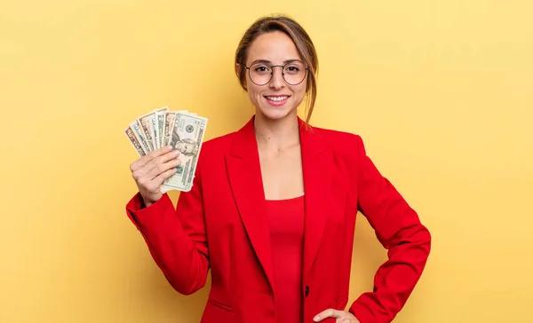 Pretty Woman Smiling Happily Hand Hip Confident Business Dollar Banknotes — Stock Photo, Image