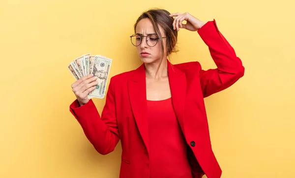 Pretty Woman Smiling Happily Daydreaming Doubting Business Dollar Banknotes Concept — Stockfoto