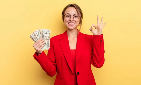 Pretty Woman Feeling Happy Showing Approval Okay Gesture Business Dollar — Foto de Stock
