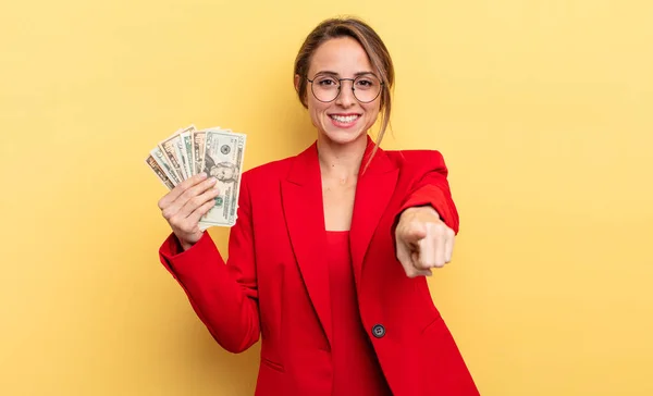 Pretty Woman Pointing Camera Choosing You Business Dollar Banknotes Concept — Foto Stock