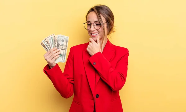 Pretty Woman Smiling Happy Confident Expression Hand Chin Business Dollar — Fotografia de Stock