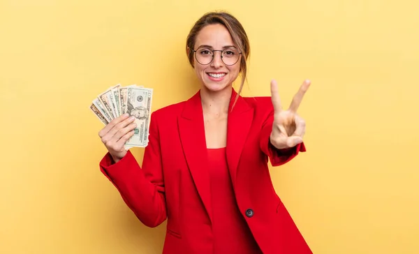 Pretty Woman Smiling Looking Happy Gesturing Victory Peace Business Dollar — Foto Stock