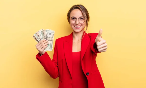 Pretty Woman Feeling Proud Smiling Positively Thumbs Business Dollar Banknotes —  Fotos de Stock