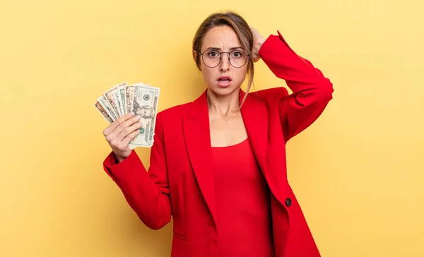 Pretty Woman Feeling Stressed Anxious Scared Hands Head Business Dollar — Stockfoto