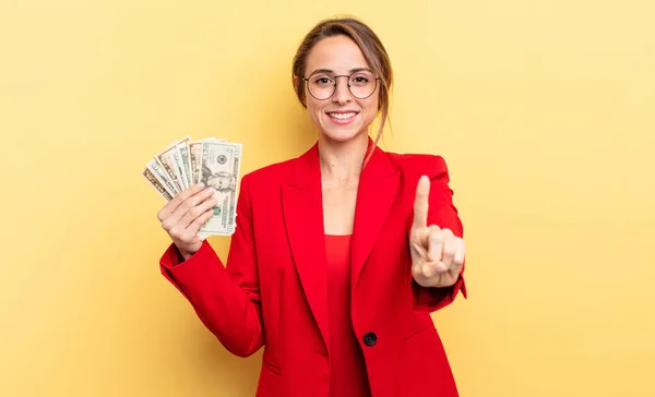 Pretty Woman Smiling Proudly Confidently Making Number One Business Dollar — Foto de Stock