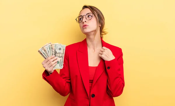 Pretty Woman Feeling Stressed Anxious Tired Frustrated Business Dollar Banknotes — Stockfoto