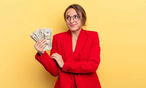 Pretty Woman Shrugging Feeling Confused Uncertain Business Dollar Banknotes Concept — Stockfoto