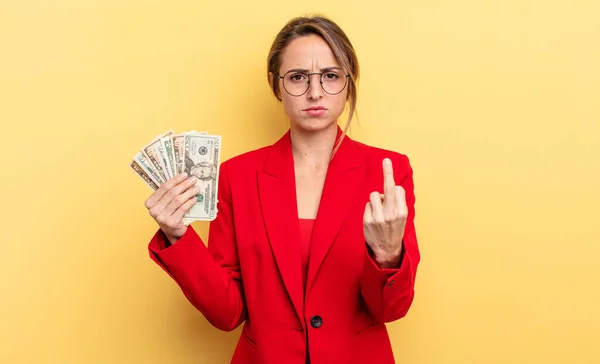 Pretty Woman Feeling Angry Annoyed Rebellious Aggressive Business Dollar Banknotes — Foto Stock