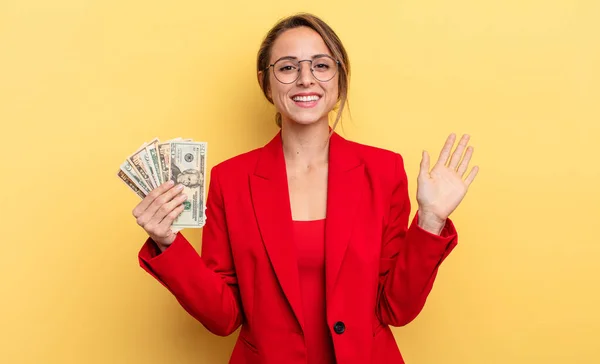 Pretty Woman Smiling Happily Waving Hand Welcoming Greeting You Business — Stock Photo, Image