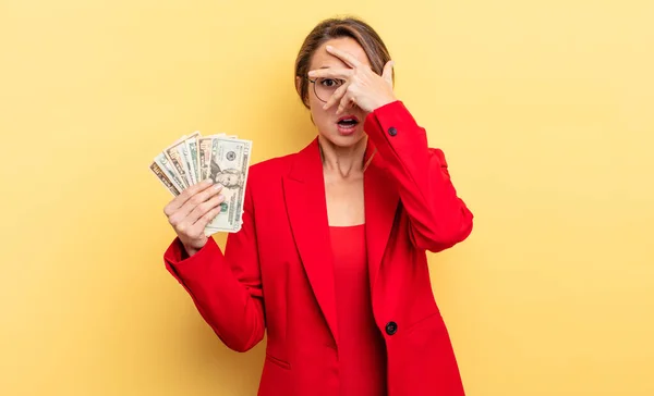 Pretty Woman Looking Shocked Scared Terrified Covering Face Hand Business — Foto Stock