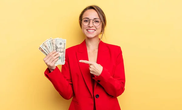 Pretty Woman Smiling Cheerfully Feeling Happy Pointing Side Business Dollar — Stockfoto