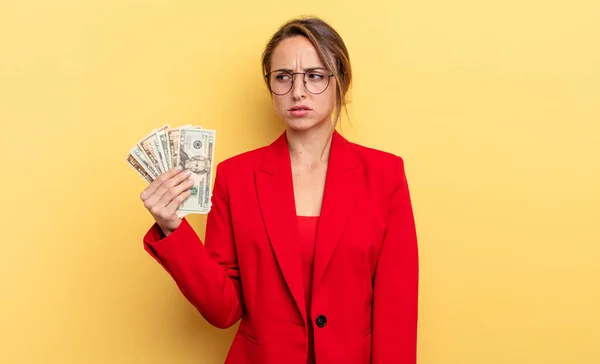 Pretty Woman Feeling Sad Upset Angry Looking Side Business Dollar — Stok fotoğraf