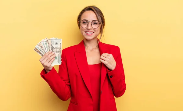 Pretty Woman Looking Arrogant Successful Positive Proud Business Dollar Banknotes — Stock Photo, Image