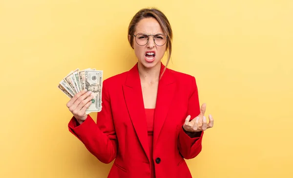 Pretty Woman Looking Angry Annoyed Frustrated Business Dollar Banknotes Concept — Foto Stock