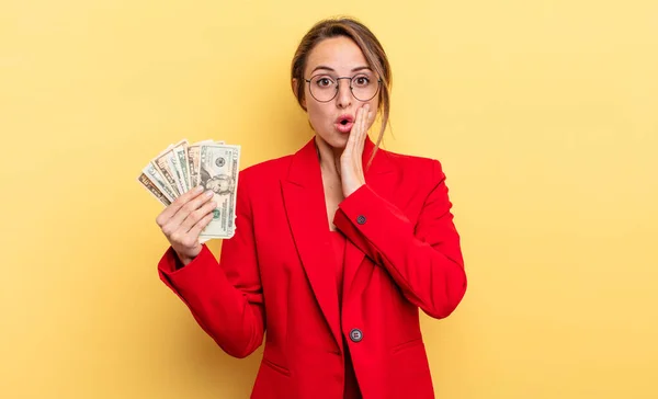 Pretty Woman Feeling Shocked Scared Business Dollar Banknotes Concept — Stockfoto